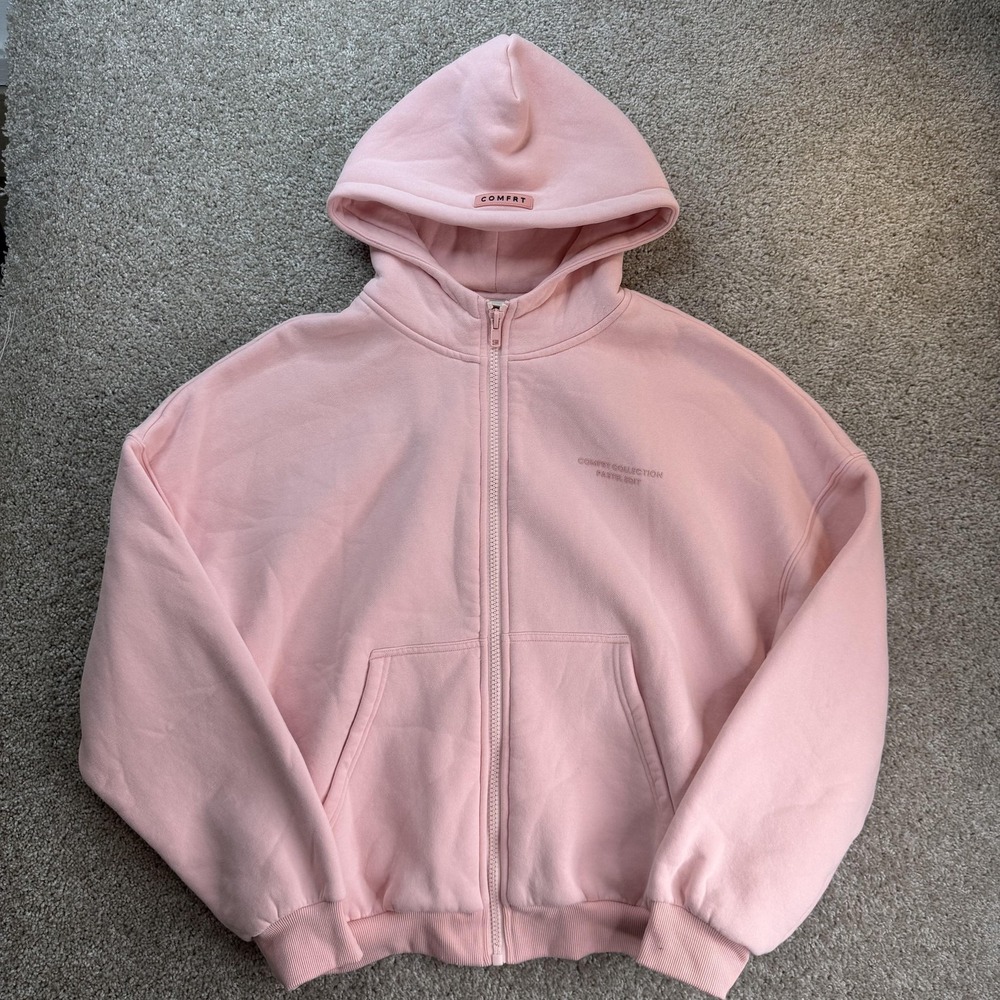 Comfrt Hoodie Womens XS Pink Fleece Full Zip Pastel Edit Logo Sweatshirt